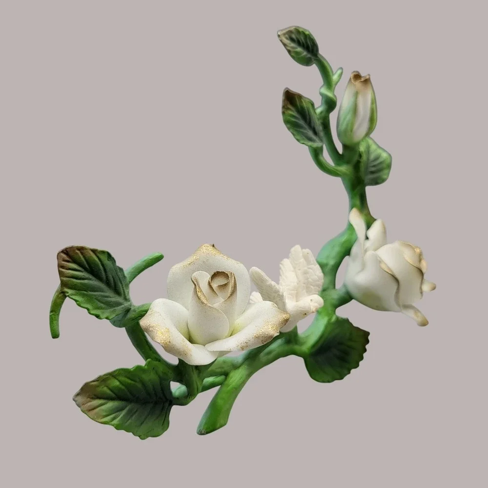 Vintage Metal And Porcelain Floral Figurine White Dove Shelf Decor